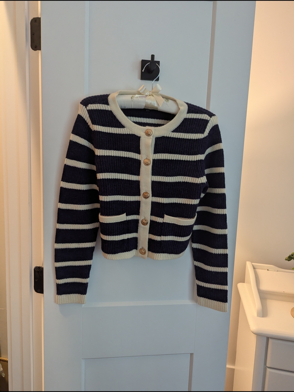 Sugarlips Navy and Cream Striped Button-Front Cardigan